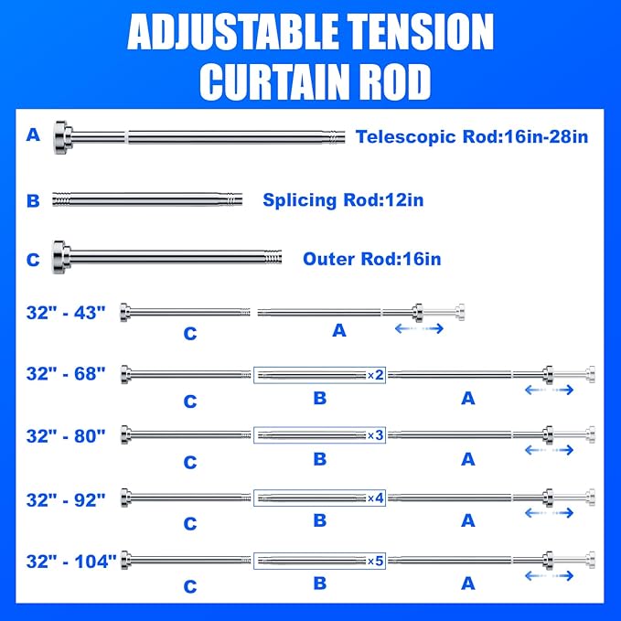 Ausemku Shower Curtain Rod - 32-68 Inch Rustproof Tension Rod, Non-Slip Spring Design, No Drilling Adjustable Curtain Rod for Bathroom, Kitchen, and Closet（Silver）