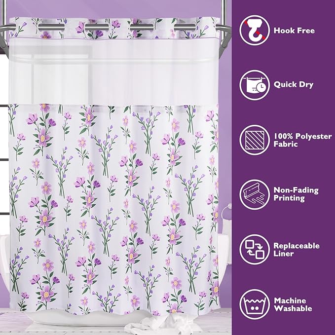 Lagute SnapHook Floral Shower Curtain with Snap-in Liner for Bathroom| No Hook Needed| Mesh Top Window| Machine Washable| Hotel Grade| 71Wx74L，Purple Bouquet
