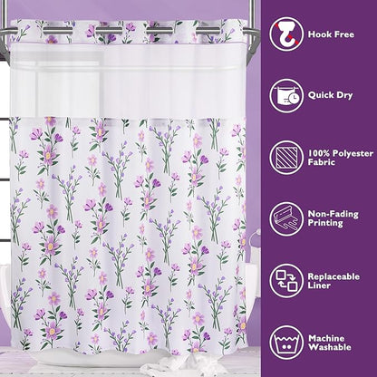 Lagute SnapHook Floral Shower Curtain with Snap-in Liner for Bathroom| No Hook Needed| Mesh Top Window| Machine Washable| Hotel Grade| 71Wx74L，Purple Bouquet