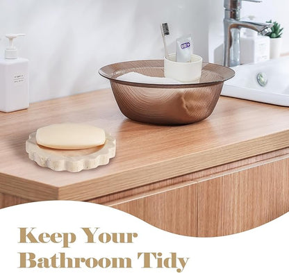 Koville Travertine Jewelry Tray, 5.51" Round Trinket Dish for Ring Necklace Earring Perfume, Natural Scalloped Decorative Tray for Countertop Bathroom Kitchen Dresser, Beige Stone Tray