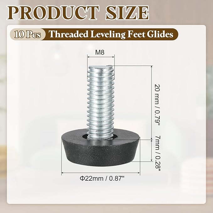 PATIKIL 10 Pcs M8 x 20mm Thread Adjustable Furniture Levelers, Furniture Feet Levelers Screw on Steel Screw in Threaded Leveling Feet Glides for Table Chair Cabinet Patio Legs