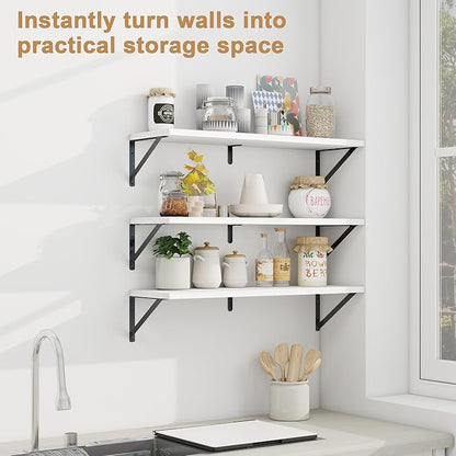 Fun Memories Floating Shelves, 32 x 8 Inches, Set of 3 Wall-Mounted Bookshelves with Metal Brackets, Decorative Storage for Home and Office (White)
