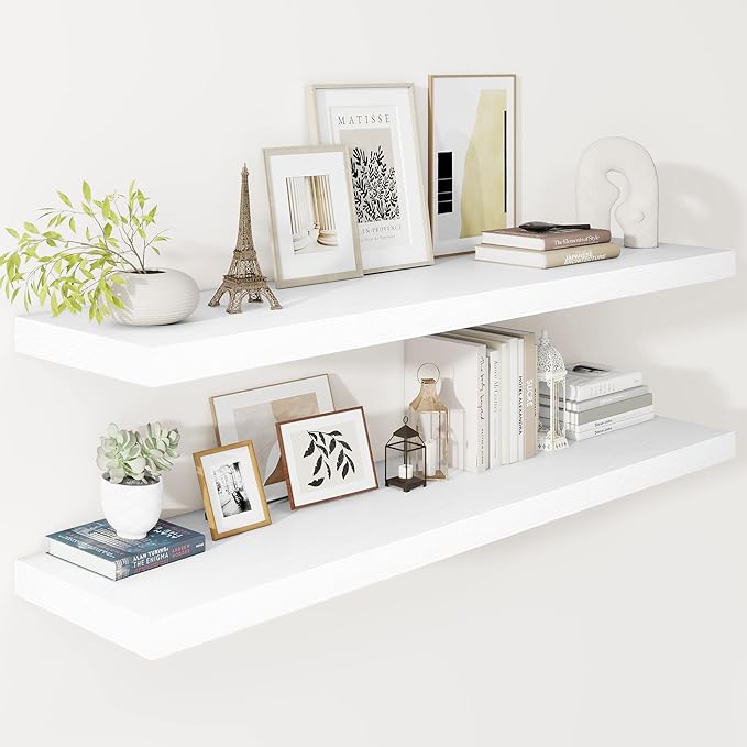 Vivelove 2" Thick Floating Shelves, 47.2 Inch X 12 Deep Shelves for Room Wall Mounted, Floating Shelf for Living Room Bedroom Bathroom Kitchen Laundry Room, Set of 2 White