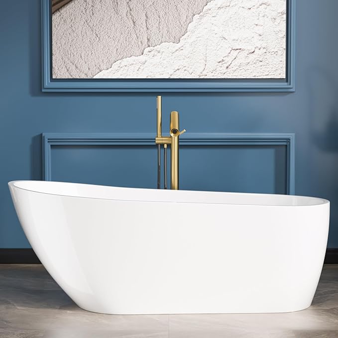 Sarlai 67 Inch Acrylic Freestanding Soaking Bathtub Contemporary Soaking White Tub Stand Alone Ergonomic Bathtub with Chrome Drain and Overflow