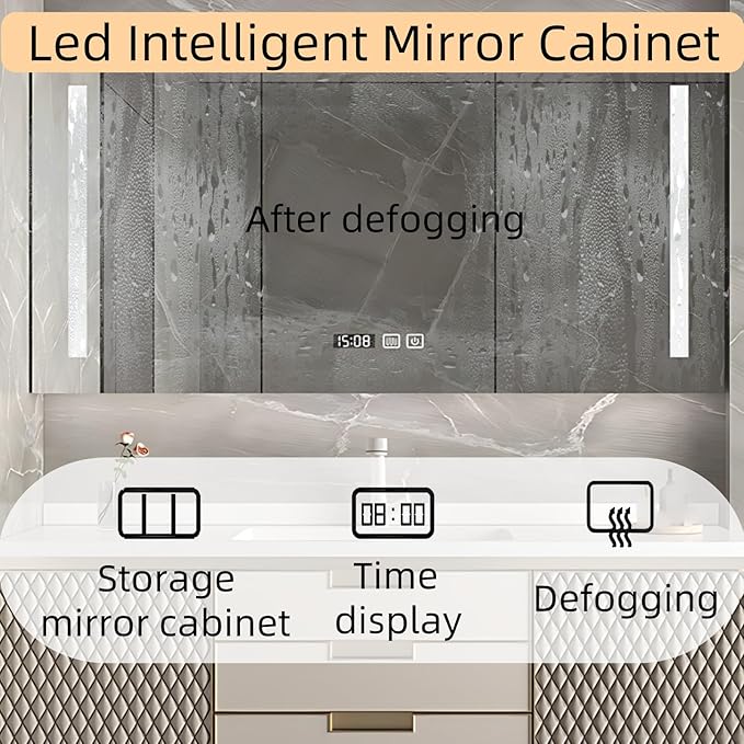 40IN Modern Bathroom Vanity - Wall-Mounted Bathroom Cabinet with LED Light | Intelligent Defogging Mirror Cabinet Includes Time Display Function, 2 Drawers & 2 Storage Cabinets (Style B)