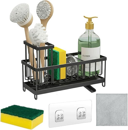 5 in 1 Kitchen Sink Caddy Organizer, Rustproof Stainless Steel Sink Caddy with Washing Cloth & Adhesive Hooks, Kitchen Sink Organizer with High Brush Holder, Sponge and Soap Holder for Kitchen Sink