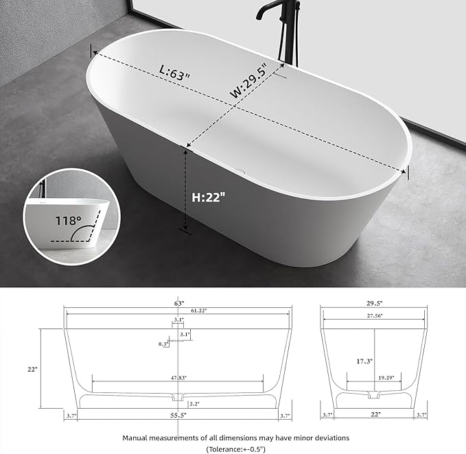 63'' Freestanding Solid Surface Resin Stone Bathtub, Freestanding Tub, Contemporary Design Stand Alone Tub with Pop-up Drain and Overflow, cUPC Certified,