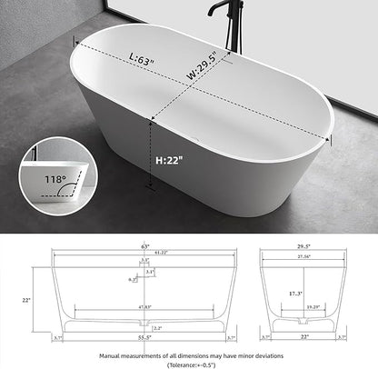 63'' Freestanding Solid Surface Resin Stone Bathtub, Freestanding Tub, Contemporary Design Stand Alone Tub with Pop-up Drain and Overflow, cUPC Certified,