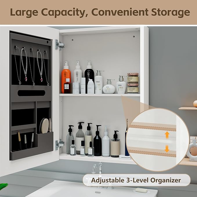 Lighted Bathroom Medicine Cabinet with Mirror，20 x 28 Inch Wall-Mounted Bathroom Wall Cabinet with Storage, LED Lights, Adjustable Shelves,White