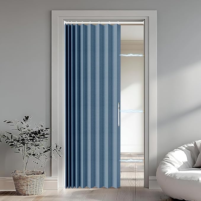 Accordion Door Curtain Set - 100% Blackout, with Curtain Rod Included, for Bedroom Privacy Protection (Blue-43 W x 78" L+Rod)