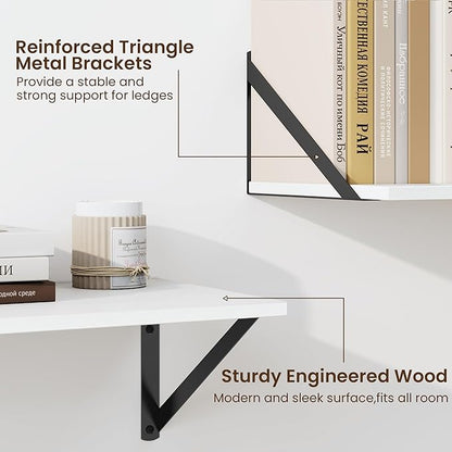 Fun Memories Deep Floating Shelves for Wall, 36W x 8D Wall Mounted Shelves Set of 2, Wide Display Ledge Shelf with Sturdy Metal Brackets for Living Room, Bathroom, Bedroom and Kitchen, White