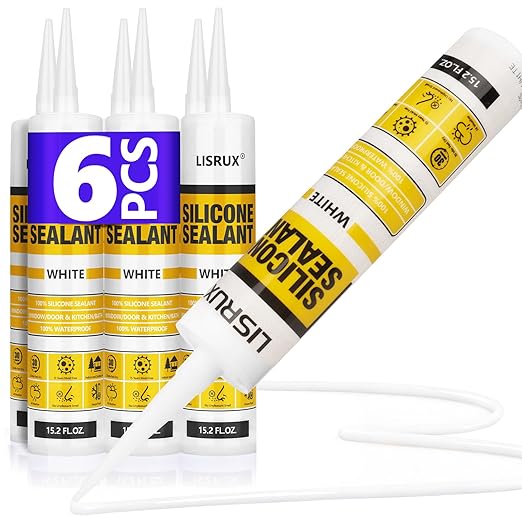 White Advanced Silicone Caulk, 100% Waterproof Silicone Sealant Indoor Outdoor Caulking for Window, Door, RV, Roof, Auto & Marine, Kitchen, Bathroom, Glass,15.2 oz（6-Pack） No Odor