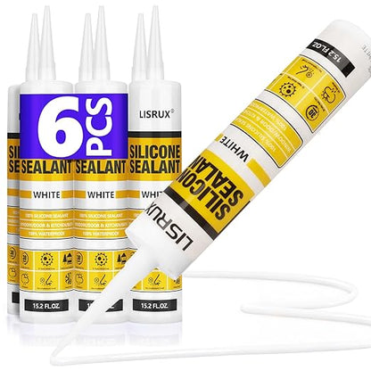 White Advanced Silicone Caulk, 100% Waterproof Silicone Sealant Indoor Outdoor Caulking for Window, Door, RV, Roof, Auto & Marine, Kitchen, Bathroom, Glass,15.2 oz（6-Pack） No Odor