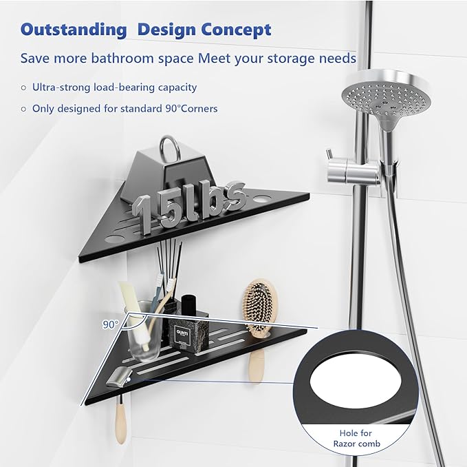 lives Corner Shower Shelf 10" Slot Design Recessed Shower Shelves for Tiled Wall, 304 Stainless Steel Corner Shelves for Bathroom Organizer (Black, Line-1PCS)