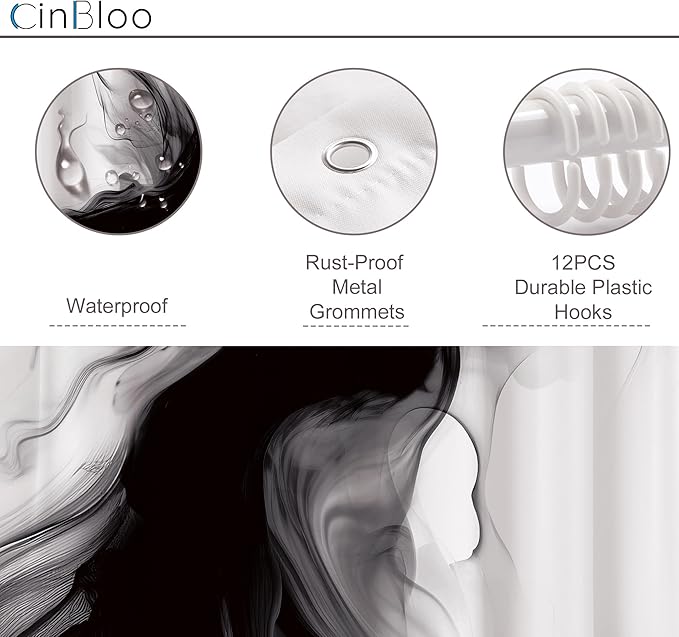 Cinbloo Black and White Shower Curtain 60Wx72H Abstract Bathroom Decor for Men Modern Ombre Grey Minimalist Marble Shower Curtain Set Elegant Ink Texture Neutral Shower Curtain Fabric with 12 Hooks