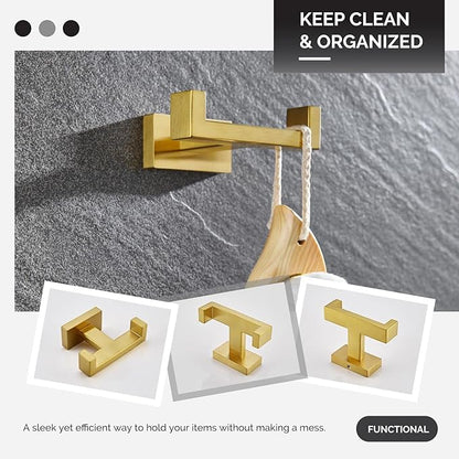 Angle Simple Towel Hook for Bathroom, SUS 304 Stainless Steel Hand Towel Holder, Double Robe Coat Hook for Wall, Brassy Gold