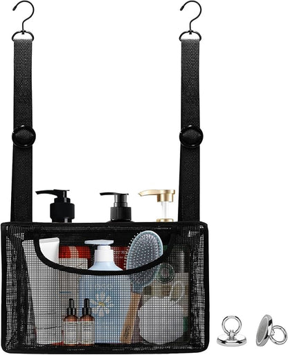 Black PVC Mesh Hanging Shower Caddy with 2 Magnetic Hooks, Adjustable Portable Bathroom Organizer with Pockets for Cruise, Dorm, Gym, Camping, RV, 12"x6"x7"(LxWxH)