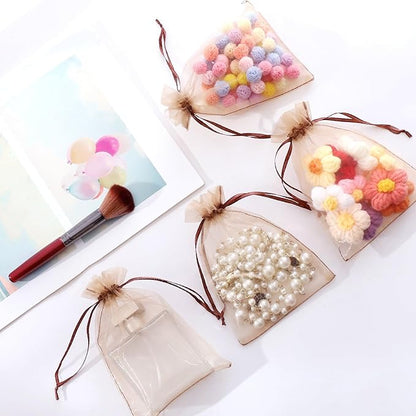 Hopttreely 100pcs Organza Bags, Light Brown 4''x4.72''(10x12cm) Satin Drawstring Organza Pouch Wedding Party Favor Gift Bag Jewelry Watch Bags