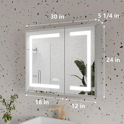 GroGro LED Lighted Bathroom Medicine Cabinet with Mirror, 30" W x 24" H Beveled Edge Medicine Cabinet with Lights,Surface or Recessed Mounting,Defog,Dimming,3-Color Temperature Adjustment