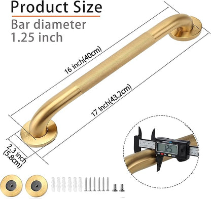 Shower Grab Bar, 2 Pack 16 Inch Gold Bathroom Grab Bar, 1.25" Diameter 304 Stainless Steel Anti-Slip Grab Bars for Bathtubs and Showers, Handicap Shower Grab Bar for Seniors Elderly
