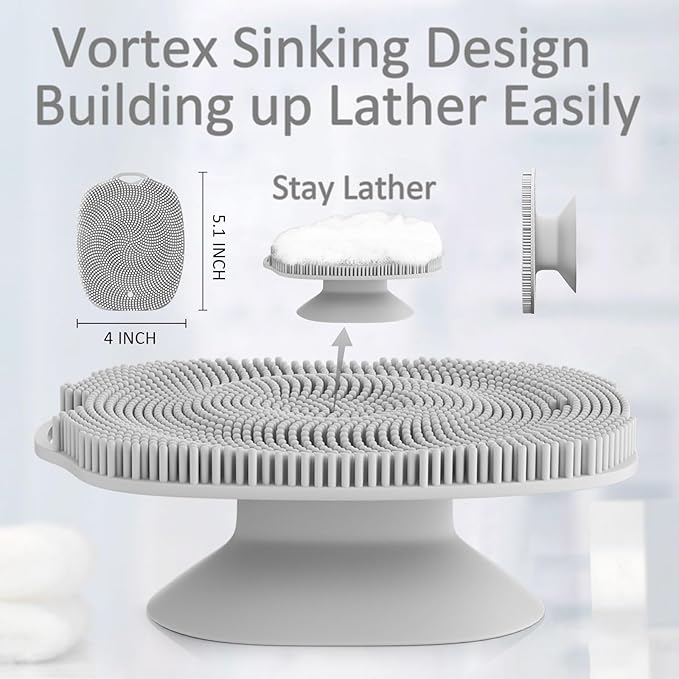 Soft Silicone Body Scrubber, Gentle Like a Hand Exfoliating Your Skin and Build Up Lather Easily, Back Large Suction Cup Easy to Store, Long-Lasting & Deep Clean (Gray)