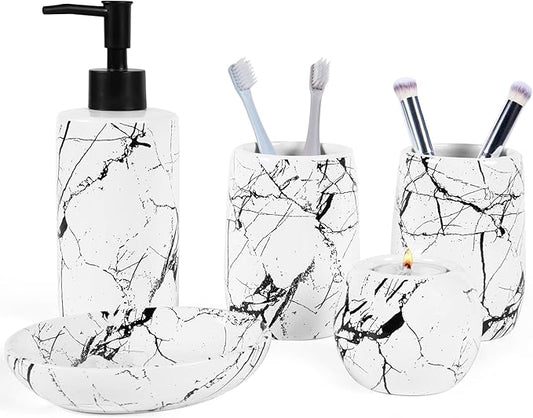 Ceramic Bathroom Accessory Set, 5-Piece Bathroom Accessory Set, Soap Dish, Toothbrush Holder, Soap Dispenser, Bathroom Tumbler & Candle Holder - Modern Bathroom Organizer, (White & Black)