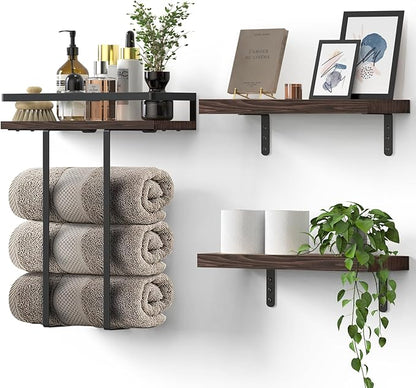 Towel Racks for Bathroom-Wall Mounted Floating Shelves for Wall Bathroom Bedroom Kitchen Living Room, Hanging Book Shelves Decor Bathroom Organizer, 16 inch Solid Wood, Carbonized Rustic Brown