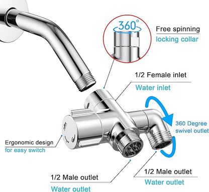 Solid Brass 3 Way Shower Arm Diverter Valve for Handheld Shower Head and Fixed Spray Head, G1/2 Universal Bathroom System Component Replacement Part (Chrome Finish)