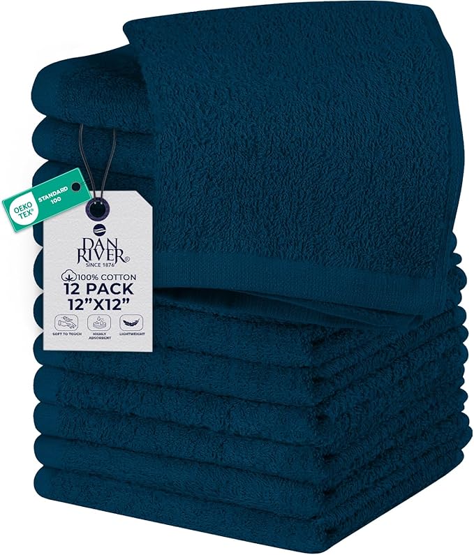 DAN RIVER 12 Pack Wash Cloths for Showering [12x12] - 100% Cotton Washcloths Premium Quality Flannel Face Cloths for Bathroom, Highly Absorbent and Soft Feel Wash Clothes, Opal Blue