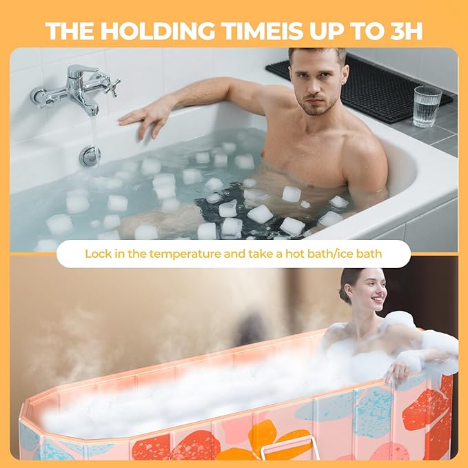 Portable Bathtub for Adults 59" Large Foldable No-Installation Soaking Tub for Shower Stall, Collapsible Standing Plunge Bath with Lid, 5-Layer Insulated Liner, Fast Drain (Pink, 59"×21.6"×19.6")