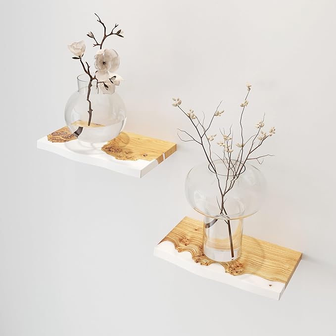 RWA Live Edge Floating Shelf – Unique Wood Floating Shelf for Wall Decor, Living Room, Bedroom, or Bathroom – Stylish Decorative Wall Shelves for Home & Office (Live Edge, White - 24x7)