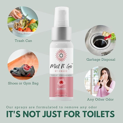 Mist N' Go by Omaze Travel Toilet Spray Odor Eliminator - Freshens Bathroom Air & Deodorizes - Blossom Daily Pack (2oz + 1oz)