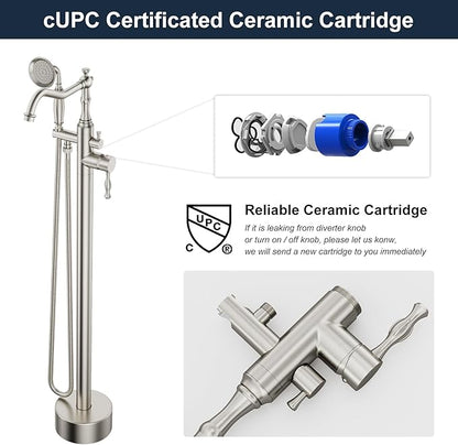 Brushed Nickel Bathtub Faucet Freestanding Tub Filler High Pressure Single Handle Bathtub Filler Floor Mounted Brass Bathroom Tub Faucets with Handheld Shower