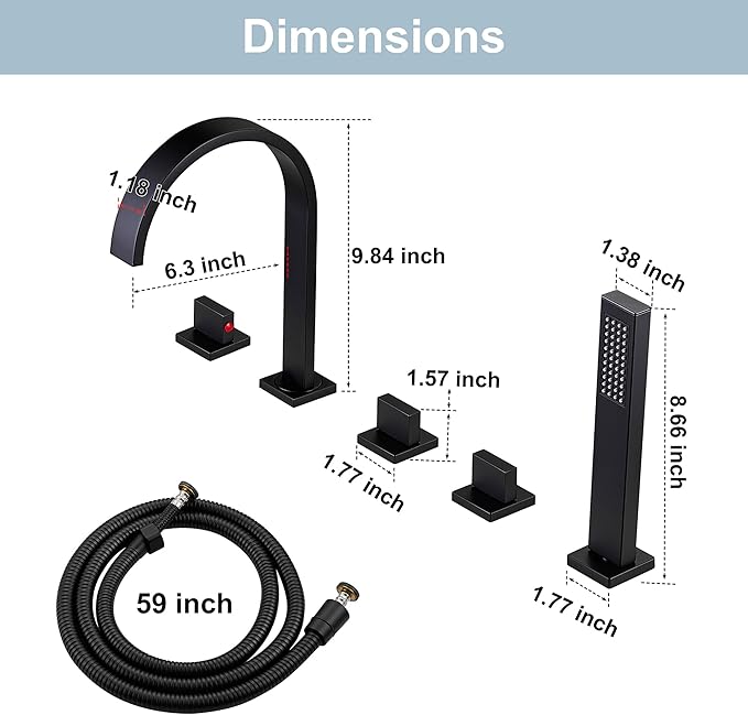 High Arc 5 Hole Roman Tub Filler with Handheld Showerhead Bathroom Widespread Waterfall Bathtub Faucet Set Deck Mounted, Matte Black