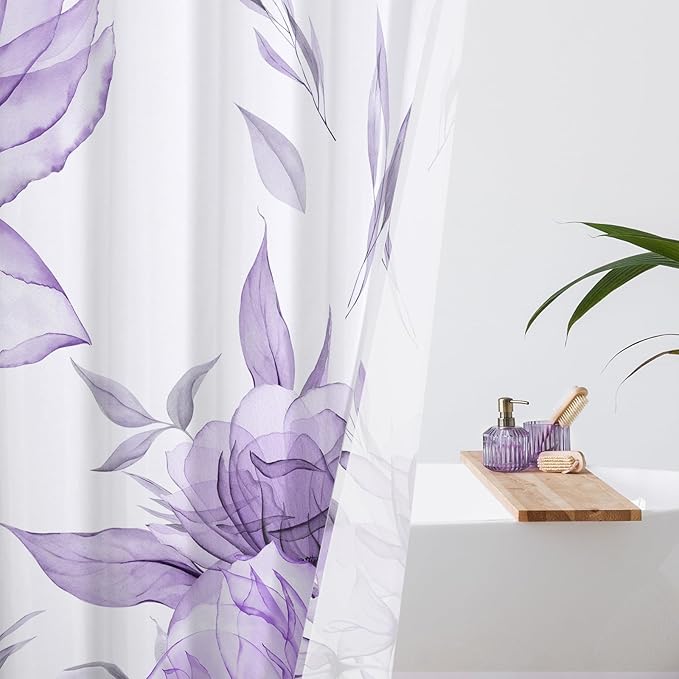 Purple and Grey Boho Watercolor Floral Shower Curtain, Ink Painting Style Blossom & Leaf Shower Curtains for Chic Elegant Bathroom, Artistic Fabric Cloth Flower Shower Curtain, 72x72
