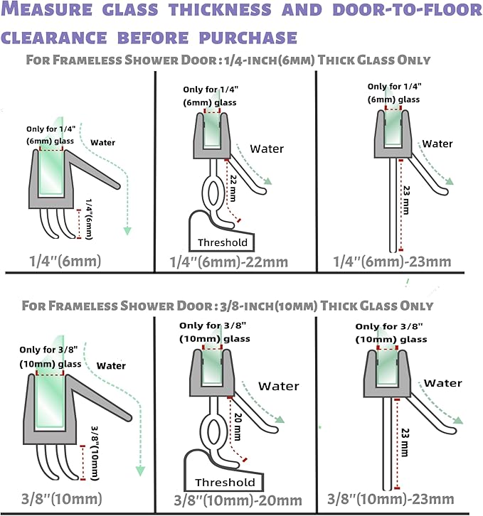 2-Pack Frameless Shower Door Bottom Seal (1/4'' X 39'') Clear Glass Shower Door Sweep Strip can Covers up to 23mm Gap - Stop Leaks