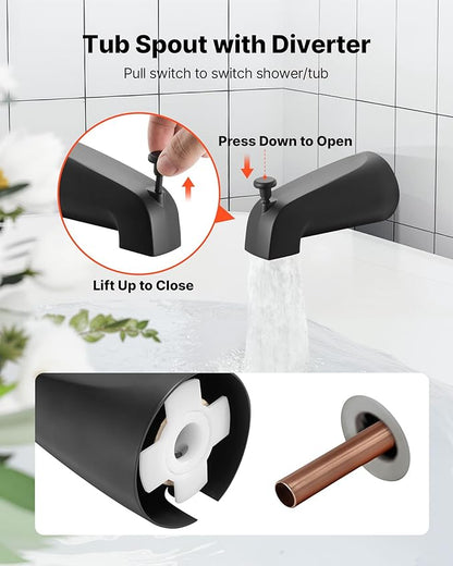 VEVOR Tub and Shower Faucet Set, Complete with 5.1-Inch Rainfall Shower Head and Bathtub Spout, 5-Setting Adjustable Spray, Single-Handle Tub Trim Kit with Brass Pressure Balancing Valve, Matte Black