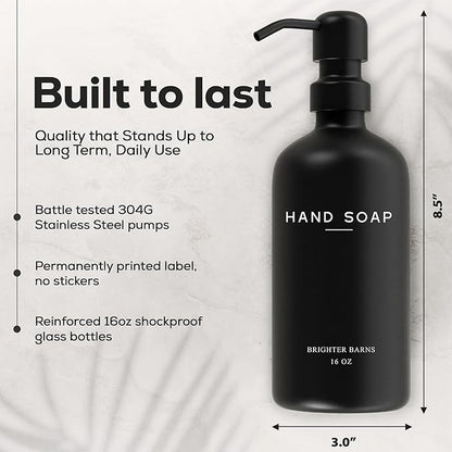 Black Glass Soap and Lotion Dispenser Set by Brighter Barns - Hand Soap Dispenser Bathroom Set - Bathroom Decor & Accessories for Restaurant, Gym, Office, Fitness Center, Hotel, Airbnb, Spa (Black)