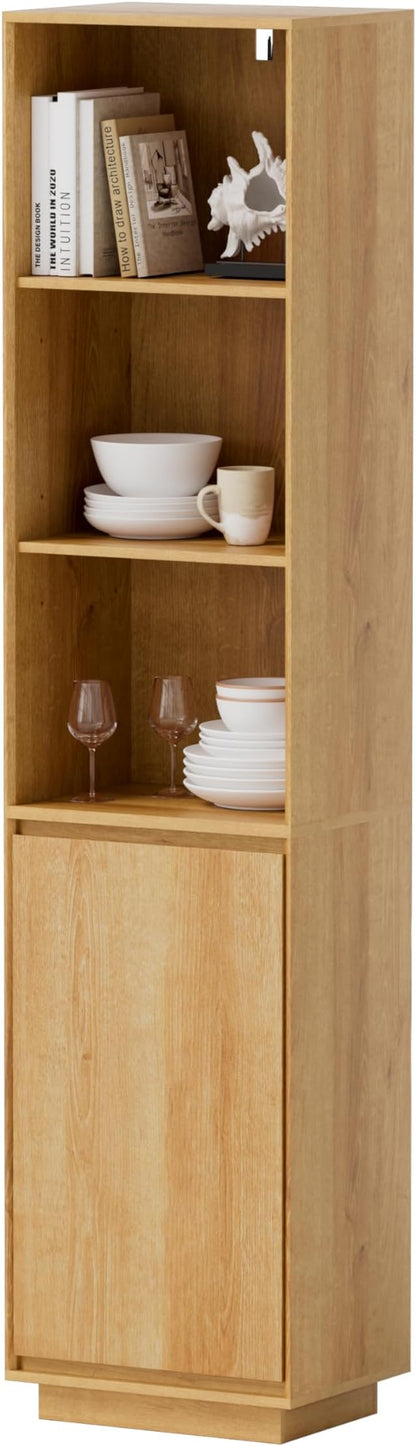 67" Tall Bathroom Storage Cabinet with Door & Adjustable Shelves Modern Narrow Tower Cabinet Slim Freestanding Tower Organizer for Small Spaces, Kitchen, Living Room, Natural Oak