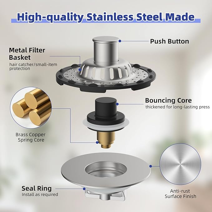 Universal Bathtub Drain Stopper Shower Drain Hair Catcher, Tub Stopper with Visible Top Strainer, Upgraded 3 in 1 Pop-up Drain Plug Fit for 1.5 to 2.4" Hole, Stainless Filter Basket, Brushed Nickel