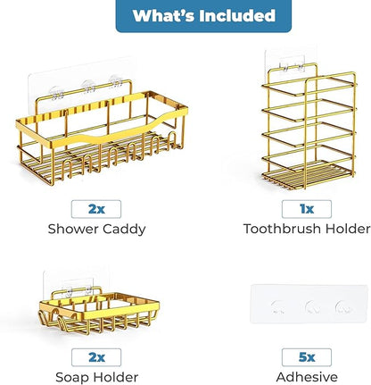 Fab Glass and Mirror 5-Pack Shower Caddy, Gold - Shower Organizer & Shelves for Efficient Storage, Bathroom Caddy for Wall Organizer, Durable Showers Wall Caddy