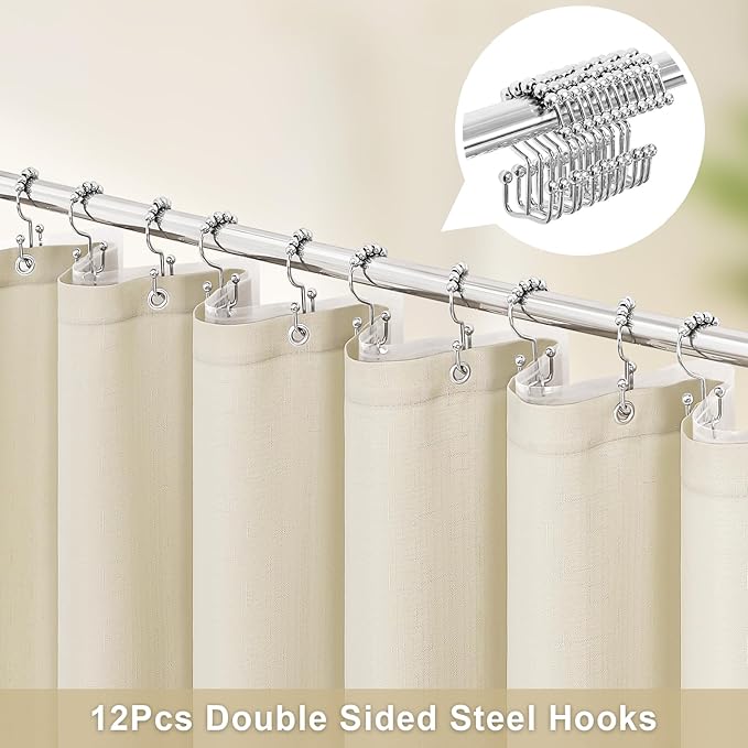 MitoVilla 3 in 1 Shower Curtain Set, Neutral Boho Farmhouse Linen Textured Bath Curtain and Clear PEVA Liner Set with 12 Double Sided Steel Hooks, Waterproof Fabric Hotel Bathroom Curtain - 72x72