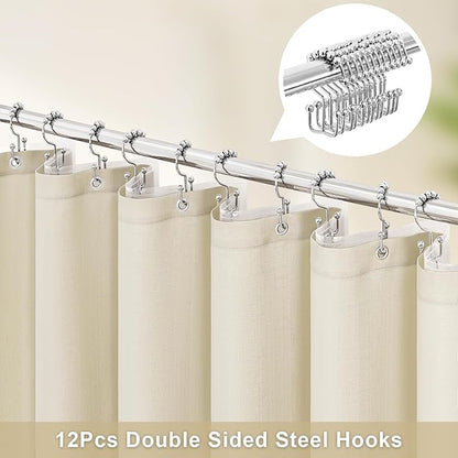 MitoVilla 3 in 1 Shower Curtain Set, Neutral Boho Farmhouse Linen Textured Bath Curtain and Clear PEVA Liner Set with 12 Double Sided Steel Hooks, Waterproof Fabric Hotel Bathroom Curtain - 72x72