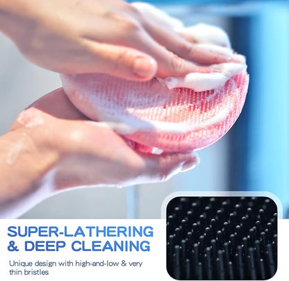 Manmihealth 4 Pack Soft Silicone Shower Brush, Super-Lathering and Deep-Cleaning Body & Face Scrubber, Gentle Exfoliating Bath Glove for All Skin Types, with Free Hooks (Black+Pink)*2