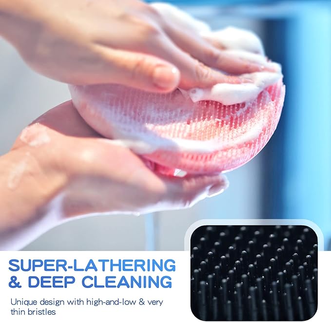 Manmihealth 3 PCS Soft Silicone Shower Brush, Super-Lathering and Deep-Cleaning Silicone Body & Face Scrubber, Gentle Exfoliating Bath Glove for All Skin Types with Free Hooks (Black +Gray+ Pink)