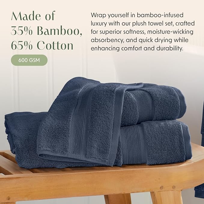 Springtree Home Luxury Viscose from Bamboo Bath Towel Set 6 Piece Set | 35% Viscose from Bamboo - 65% Cotton | Absorbent Quick-Dry Towels for Bathroom | Oeko-TEX Standard 100 Cotton | French Blue