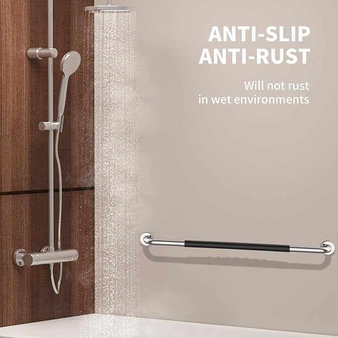 36 Inch Shower Grab Bar w/Anti Slip Rubber Grip, Munzong Stainless Steel Bathroom Grab Bar, Chrome Bathroom Balance Bar,Safety Handrail Support,Handicap Injury Elderly Senior Assist Bath Handle