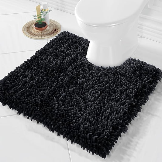 Yimobra Toilet Rugs U Shaped Washable, Extra Thick Soft Absorbent Chenille Contour Bathroom Rugs for Toilet 24x24 Inch, Quick Dry Non Slip Toilet Mat for Bath Floor, Black