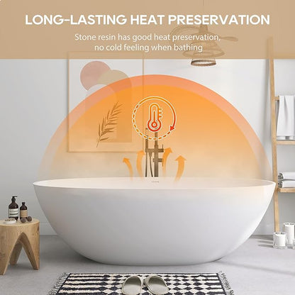 SJ STAR&JANE 71" x 35" SJ STAR&JANE Solid Surface Freestanding Bathtub Stone Resin Oval Soaking Tub Stand Alone Tub with Pop-up Drain & Overflow Matte White