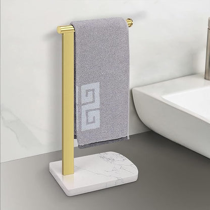 NearMoon Hand Towel Holder with Balanced Marble Base, 304 Stainless Steel Stand Towel Ring L Shape Hand Towel Rack Free-Standing Towel Bar for Bathroom Kitchen Countertop (Single Rod, Brushed Gold)